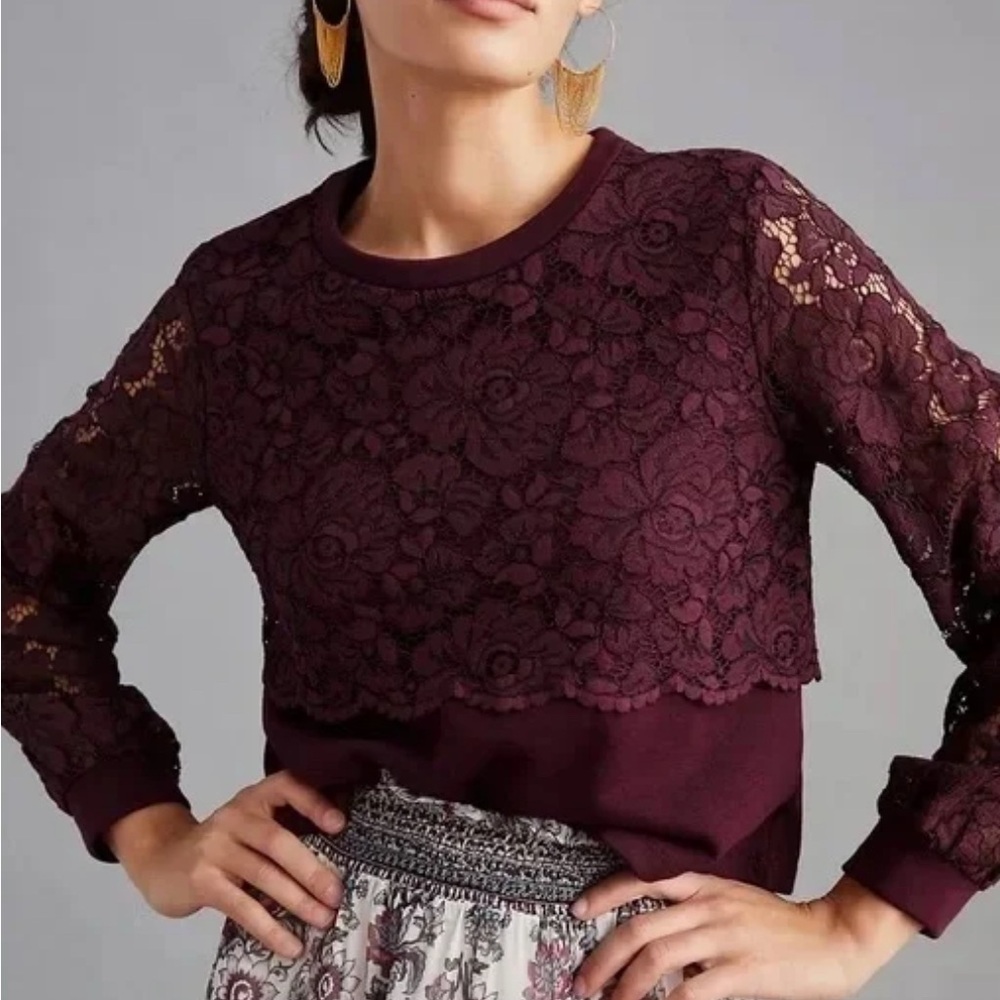 MAEVE by Anthropologie Women’s Burgundy Lace Blouson Sleeves Sweater Blouse XS